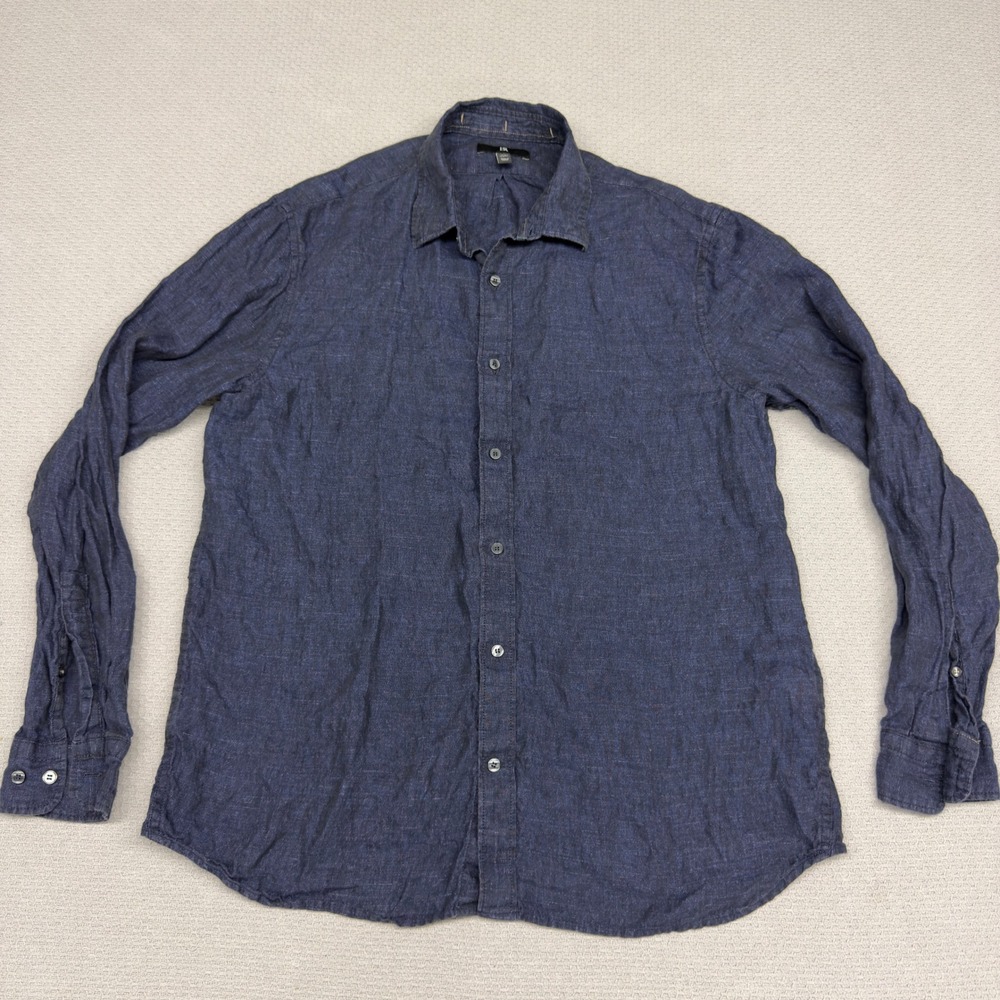 Banana Republic Linen Shirt Mens XL Slim Fit Navy Blue Chambray Button Down